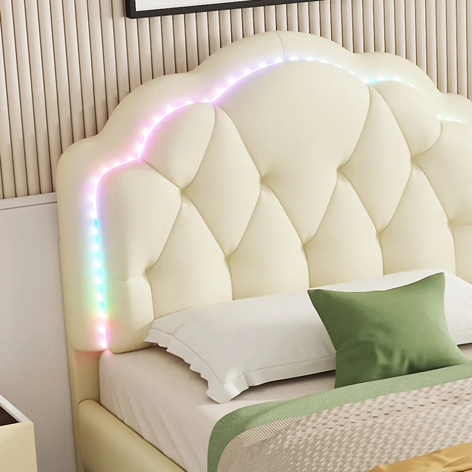 Redom Lit 90x200 cm avec tête de lit ondulée et bande LED multicolore intégrée, tapissé PU beige, lattes en bois