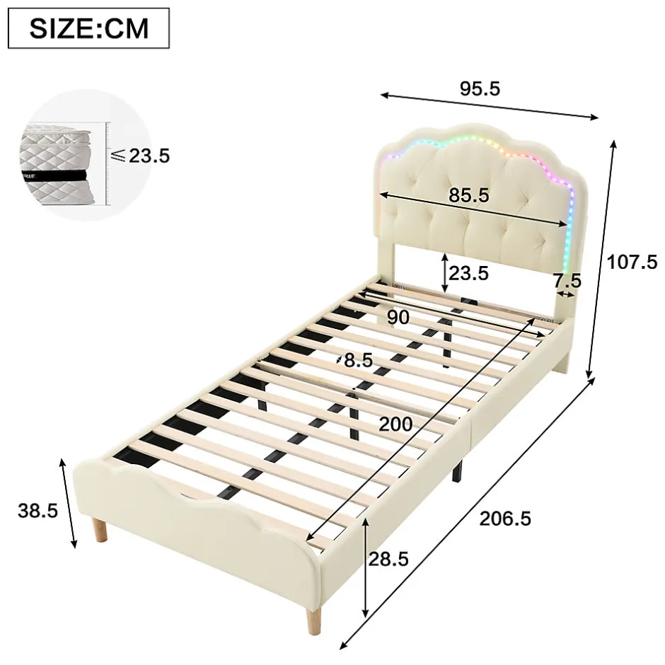 Redom Lit 90x200 cm avec tête de lit ondulée et bande LED multicolore intégrée, tapissé PU beige, lattes en bois