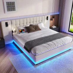 Redom Lit 180x200 cm avec tête de lit à spots, LED multicolore intégrée et port USB, habillage lin beige
