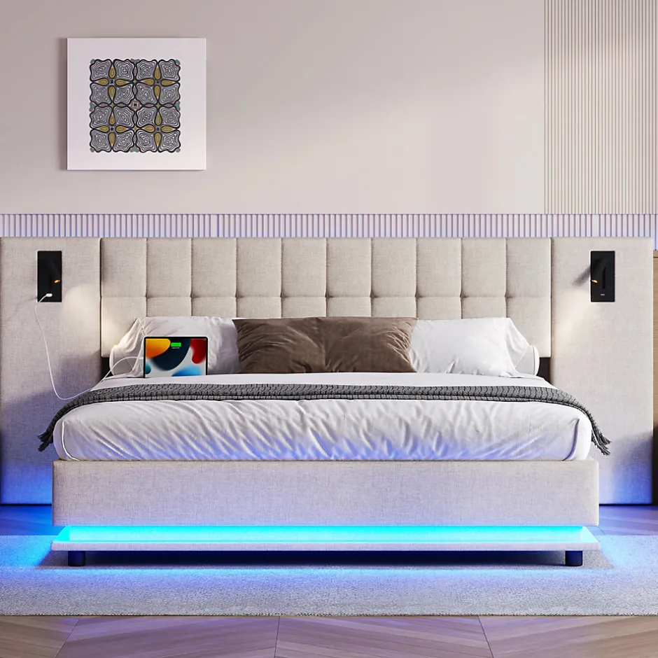 Redom Lit 180x200 cm avec tête de lit à spots, LED multicolore intégrée et port USB, habillage lin beige