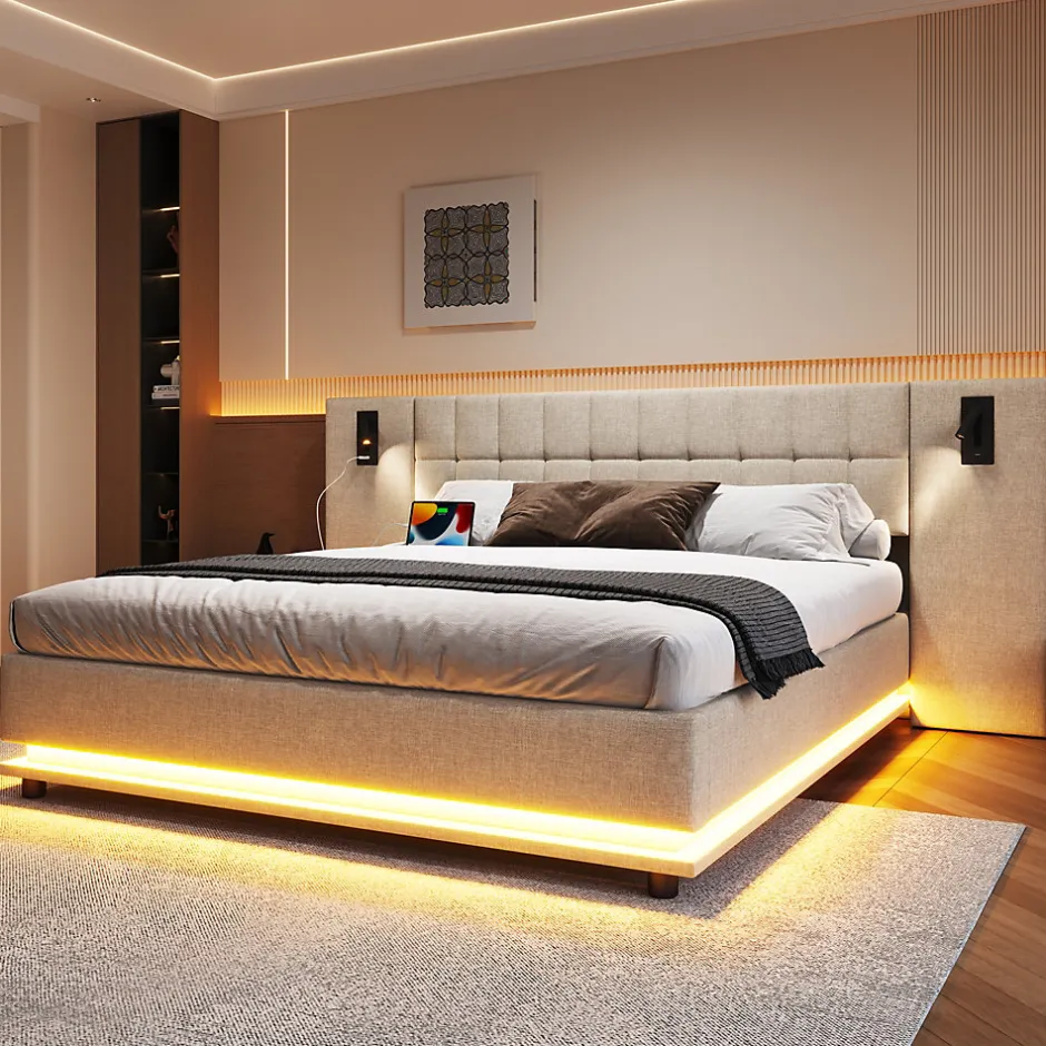 Redom Lit 180x200 cm avec tête de lit à spots, LED multicolore intégrée et port USB, habillage lin beige
