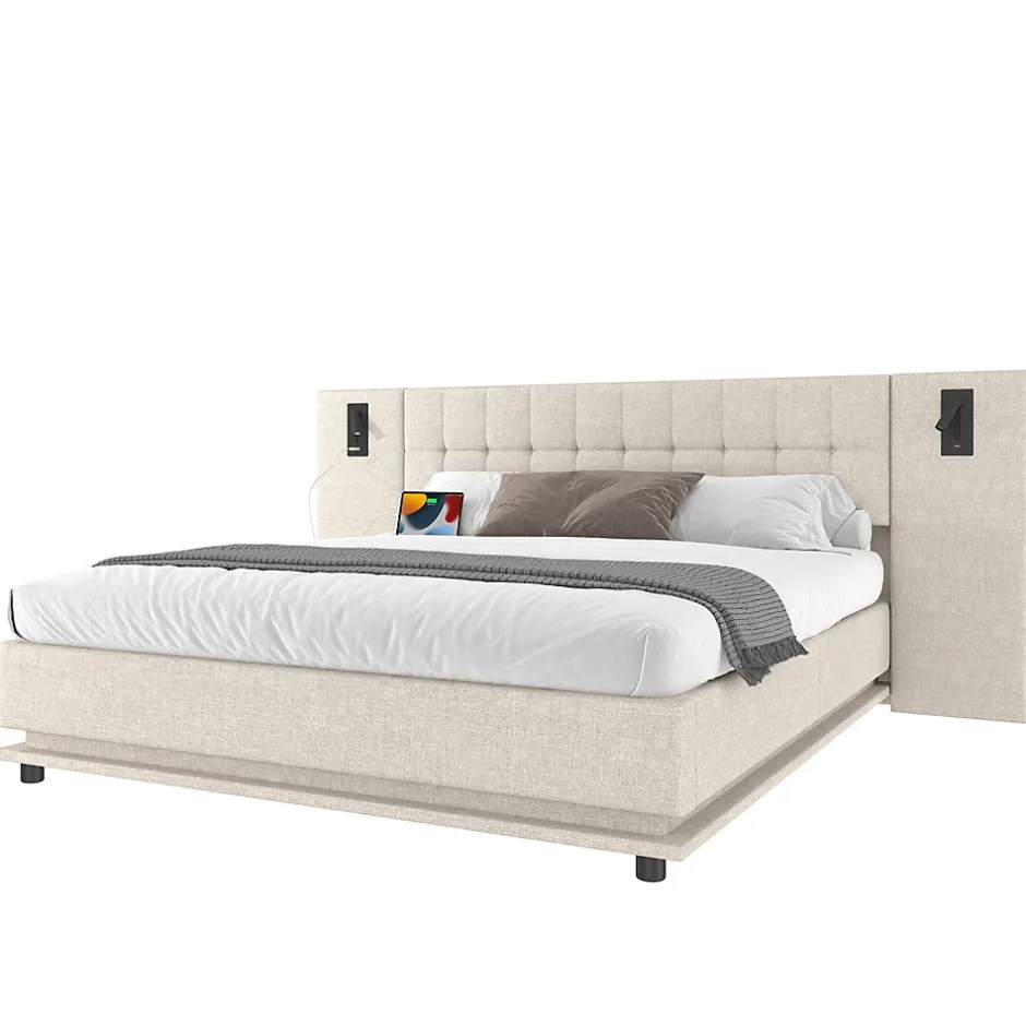 Redom Lit 180x200 cm avec tête de lit à spots, LED multicolore intégrée et port USB, habillage lin beige