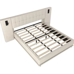 Redom Lit 180x200 cm avec tête de lit à spots, LED multicolore intégrée et port USB, habillage lin beige