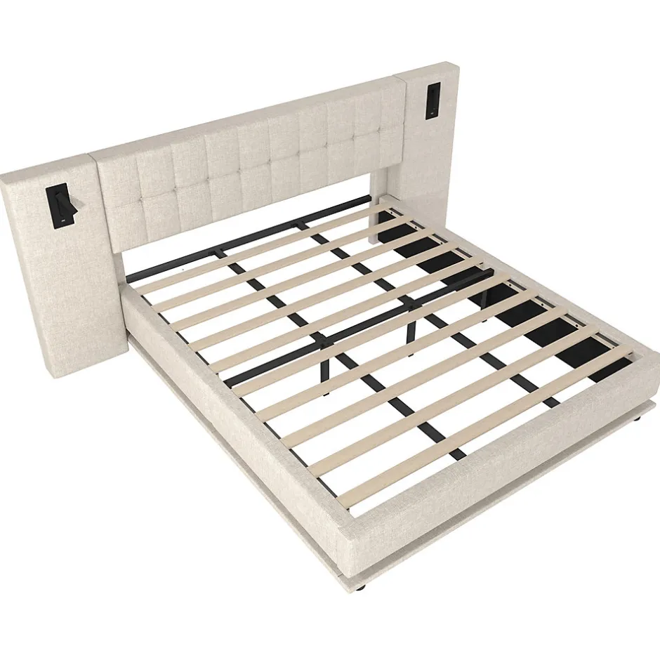 Redom Lit 180x200 cm avec tête de lit à spots, LED multicolore intégrée et port USB, habillage lin beige