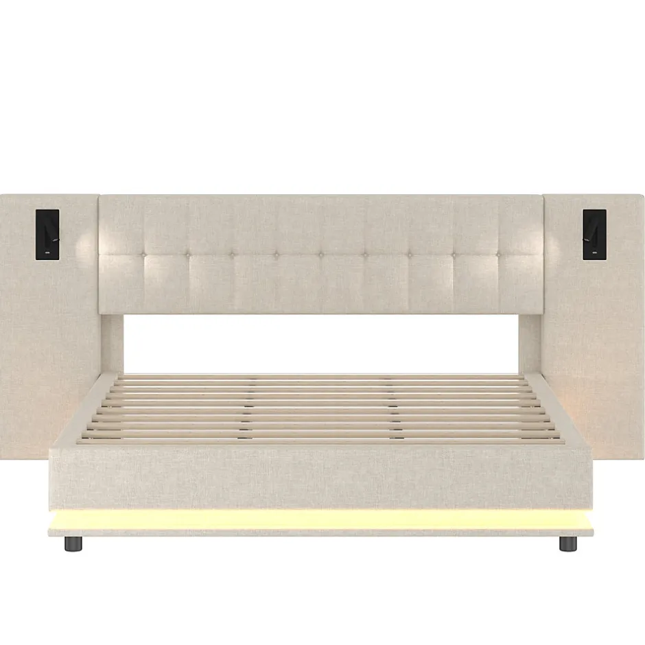 Redom Lit 180x200 cm avec tête de lit à spots, LED multicolore intégrée et port USB, habillage lin beige