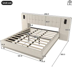 Redom Lit 180x200 cm avec tête de lit à spots, LED multicolore intégrée et port USB, habillage lin beige