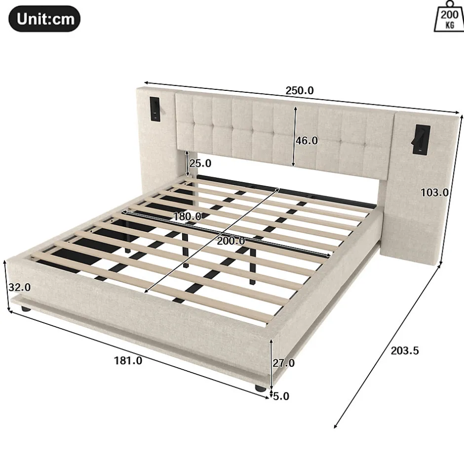 Redom Lit 180x200 cm avec tête de lit à spots, LED multicolore intégrée et port USB, habillage lin beige