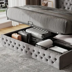 Redom Lit 180x200 cm avec tête de lit capitonnée en velours gris et rangement hydraulique, cadre bois et métal Best