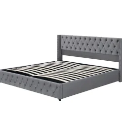 Redom Lit 180x200 cm avec tête de lit capitonnée en velours gris et rangement hydraulique, cadre bois et métal Best