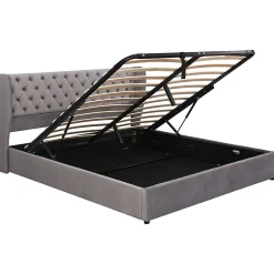 Redom Lit 180x200 cm avec tête de lit capitonnée en velours, coffre hydraulique intégré et cadre bois/métal gris