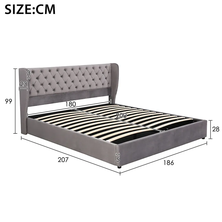 Redom Lit 180x200 cm avec tête de lit capitonnée en velours, coffre hydraulique intégré et cadre bois/métal gris