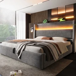 Redom Lit 180x200 cm avec tête de lit haute tapissée lin, rangement hydraulique, LED intégrée et port USB/Type-C