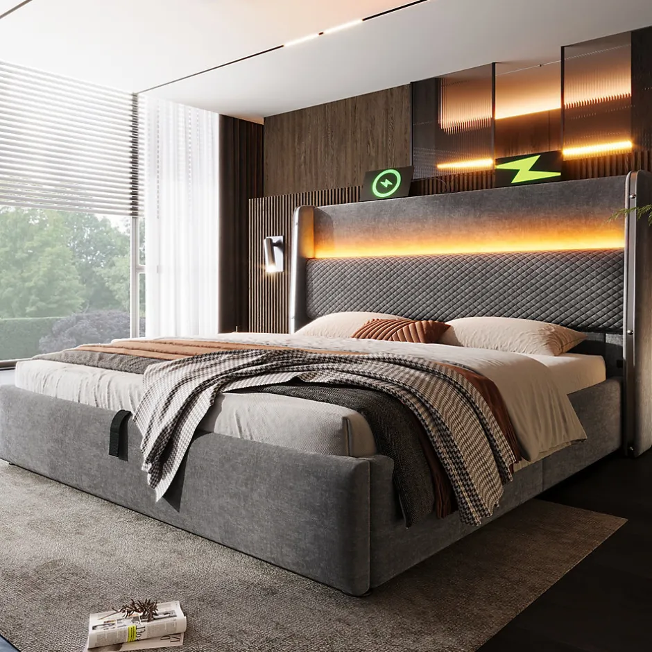 Redom Lit 180x200 cm avec tête de lit haute tapissée lin, rangement hydraulique, LED intégrée et port USB/Type-C