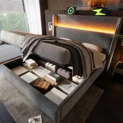 Redom Lit 180x200 cm avec tête de lit haute tapissée lin, rangement hydraulique, LED intégrée et port USB/Type-C