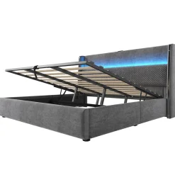 Redom Lit 180x200 cm avec tête de lit haute tapissée lin, rangement hydraulique, LED intégrée et port USB/Type-C