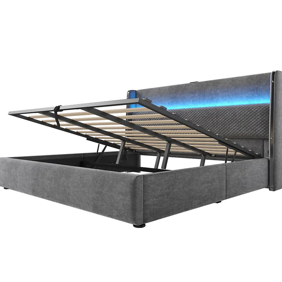 Redom Lit 180x200 cm avec tête de lit haute tapissée lin, rangement hydraulique, LED intégrée et port USB/Type-C