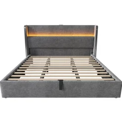 Redom Lit 180x200 cm avec tête de lit haute tapissée lin, rangement hydraulique, LED intégrée et port USB/Type-C