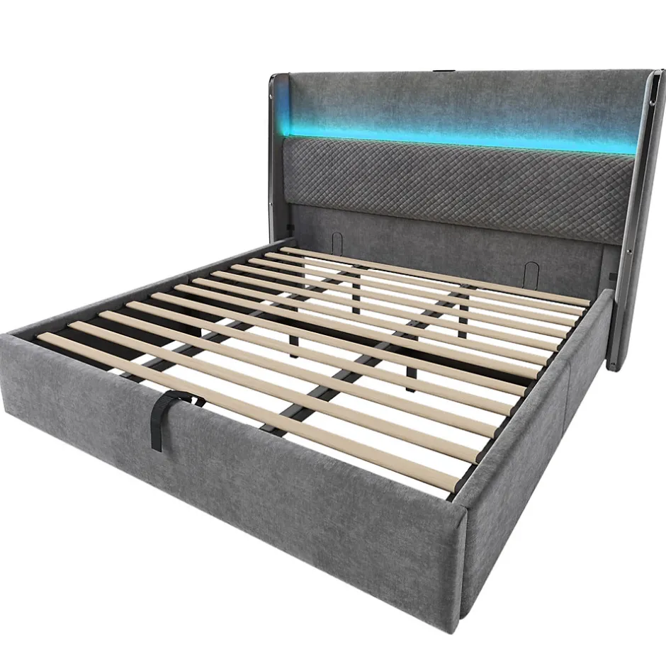 Redom Lit 180x200 cm avec tête de lit haute tapissée lin, rangement hydraulique, LED intégrée et port USB/Type-C