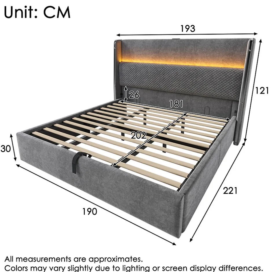 Redom Lit 180x200 cm avec tête de lit haute tapissée lin, rangement hydraulique, LED intégrée et port USB/Type-C