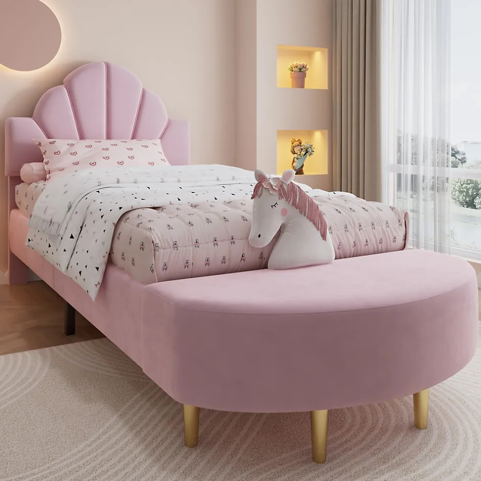 Redom Lit 90x200 cm avec tête de lit en velours rose et banquette assortie, cadre métal robuste et stable