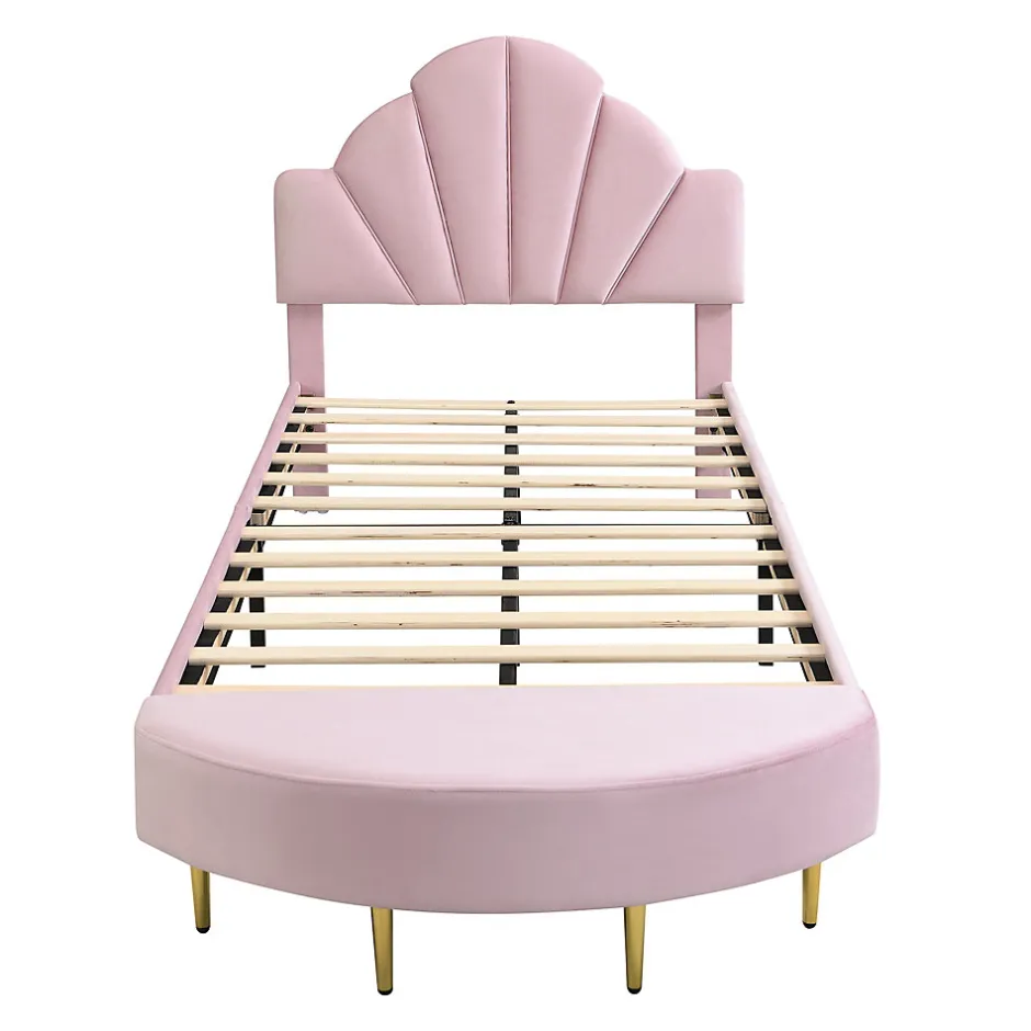 Redom Lit 90x200 cm avec tête de lit en velours rose et banquette assortie, cadre métal robuste et stable