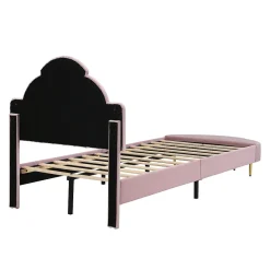 Redom Lit 90x200 cm avec tête de lit en velours rose et banquette assortie, cadre métal robuste et stable