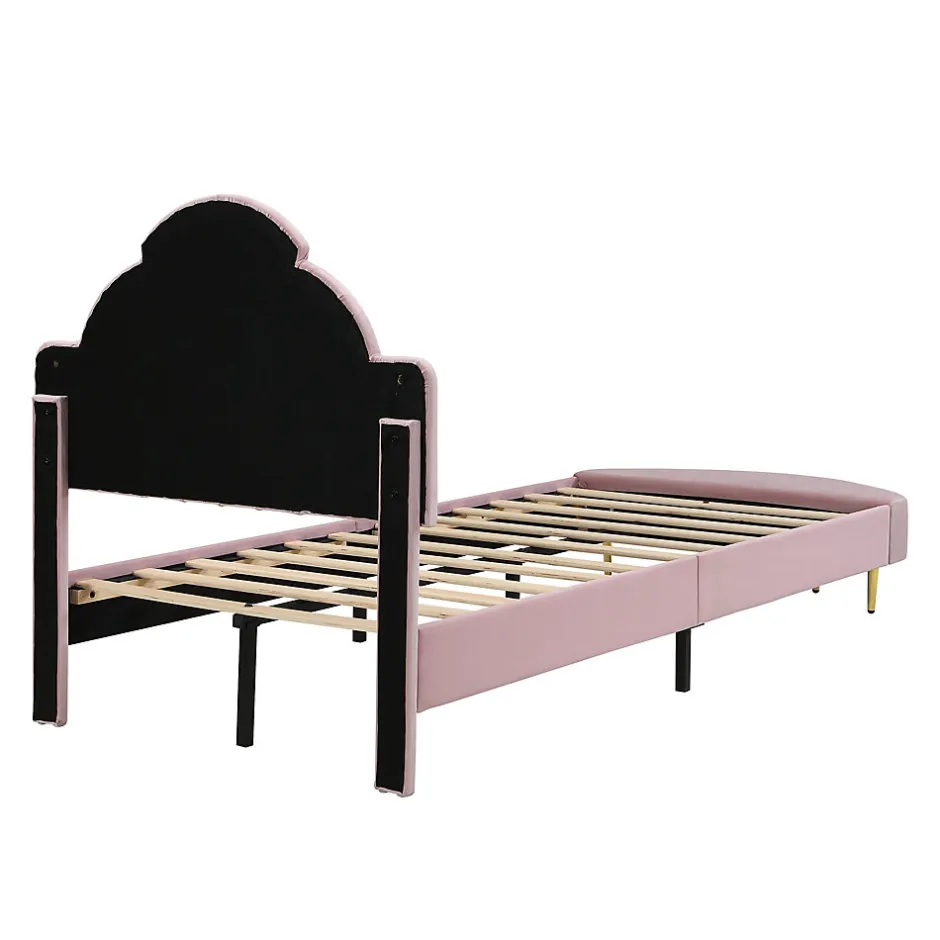 Redom Lit 90x200 cm avec tête de lit en velours rose et banquette assortie, cadre métal robuste et stable