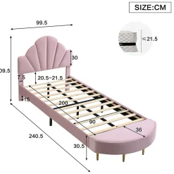 Redom Lit 90x200 cm avec tête de lit en velours rose et banquette assortie, cadre métal robuste et stable