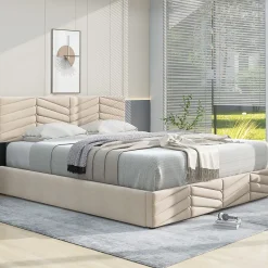Redom Lit 140x200 cm avec tête de lit réglable et revêtement velours hollandais beige, cadre robuste à lattes bois New
