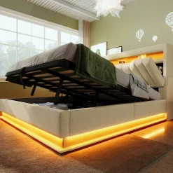 Redom Lit 140x200 cm avec tête de lit LED et ports USB/Type-C, rangement hydraulique, revêtement lin beige