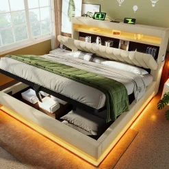 Redom Lit 140x200 cm avec tête de lit LED et ports USB/Type-C, rangement hydraulique, revêtement lin beige