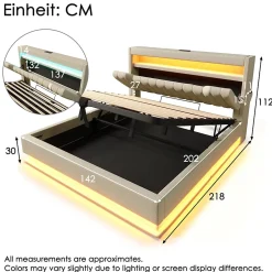 Redom Lit 140x200 cm avec tête de lit LED et ports USB/Type-C, rangement hydraulique, revêtement lin beige