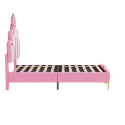 Redom Lit 90x200 cm avec tête de lit en forme de couronne, éclairage LED réglable et revêtement PU rose Clearance