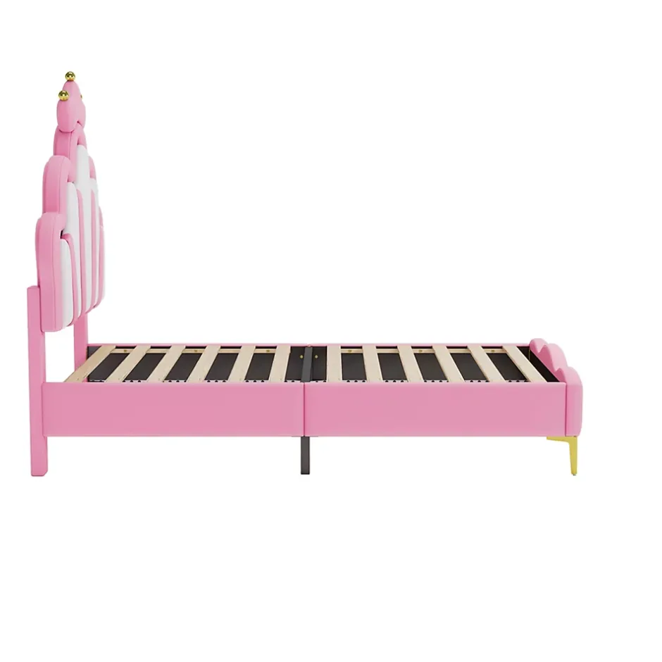 Redom Lit 90x200 cm avec tête de lit en forme de couronne, éclairage LED réglable et revêtement PU rose Clearance
