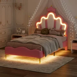 Redom Lit 90x200 cm avec tête de lit en forme de couronne, éclairage LED réglable et revêtement PU rose Clearance