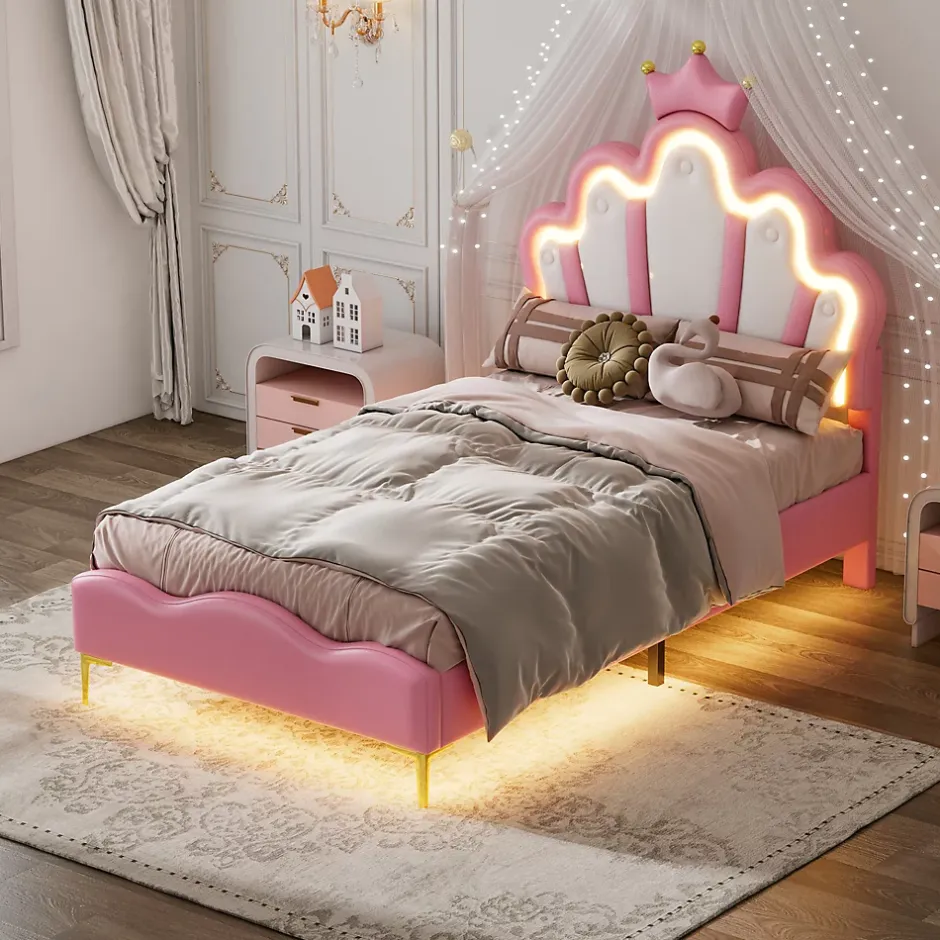 Redom Lit 90x200 cm avec tête de lit en forme de couronne, éclairage LED réglable et revêtement PU rose Clearance