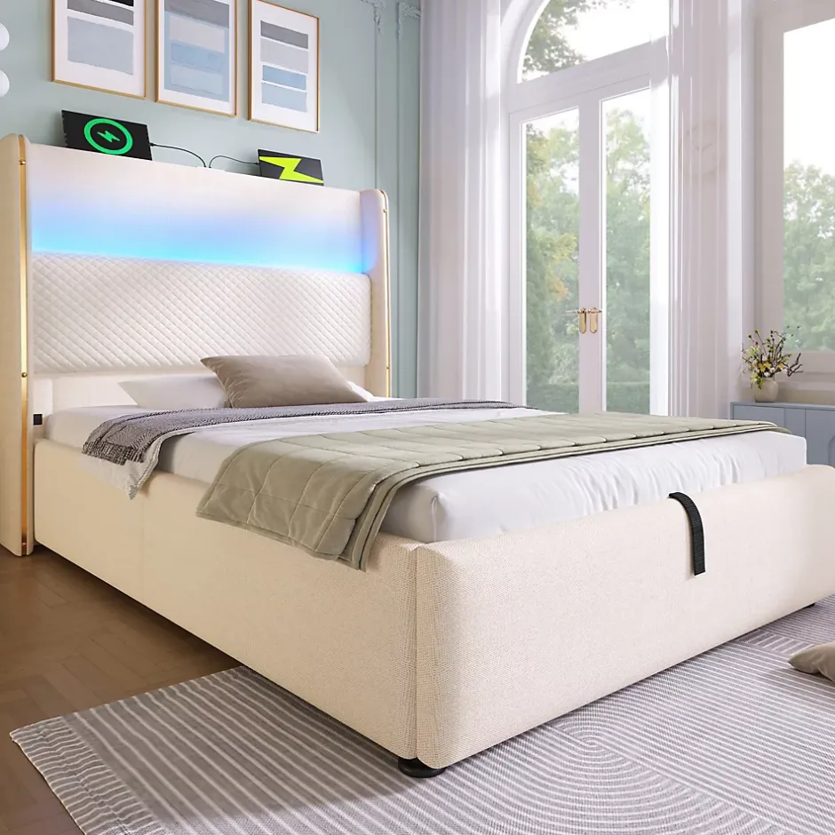 Redom Lit 90x200 cm avec tête de lit haute tapissée lin beige, rangement hydraulique et éclairage LED