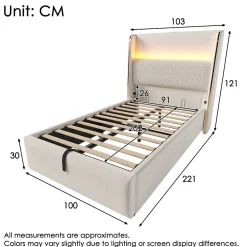 Redom Lit 90x200 cm avec tête de lit haute tapissée lin beige, rangement hydraulique et éclairage LED