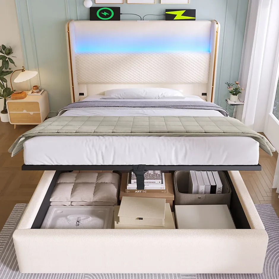 Redom Lit 90x200 cm avec tête de lit haute tapissée lin beige, rangement hydraulique et éclairage LED