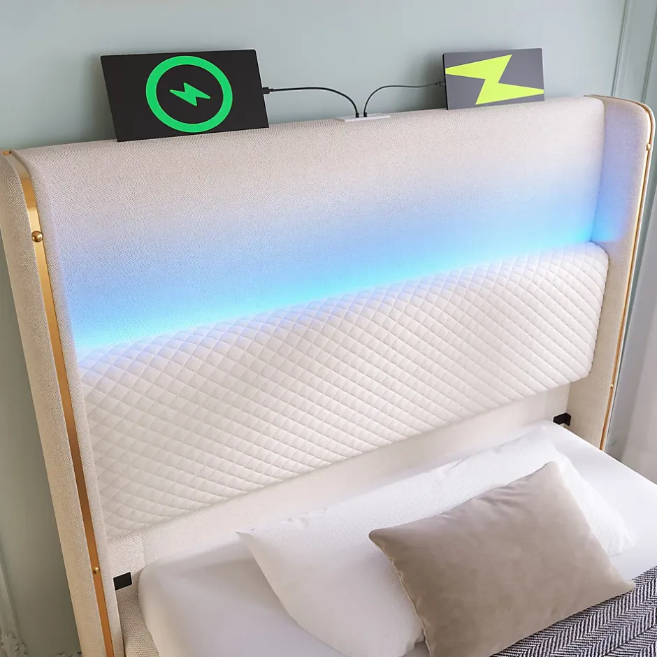 Redom Lit 90x200 cm avec tête de lit haute tapissée lin beige, rangement hydraulique et éclairage LED