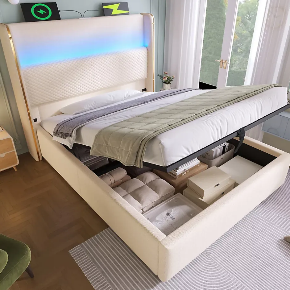 Redom Lit 90x200 cm avec tête de lit haute tapissée lin beige, rangement hydraulique et éclairage LED