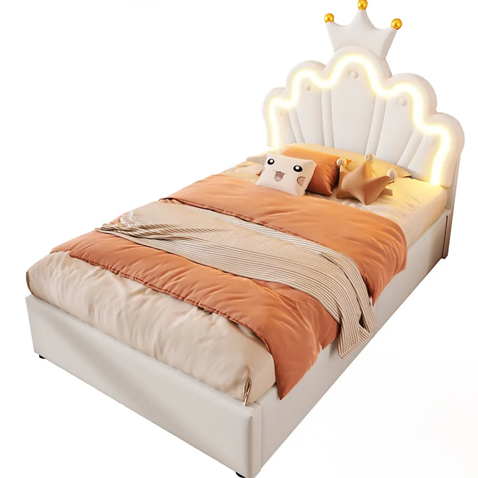 Redom Lit 90x200 cm avec tête de lit réglable et rangement hydraulique, revêtement PU blanc, design couronne