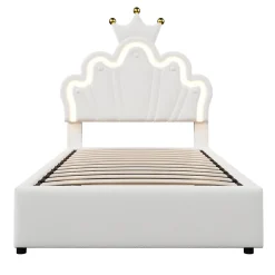 Redom Lit 90x200 cm avec tête de lit réglable et rangement hydraulique, revêtement PU blanc, design couronne