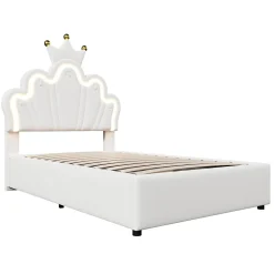 Redom Lit 90x200 cm avec tête de lit réglable et rangement hydraulique, revêtement PU blanc, design couronne