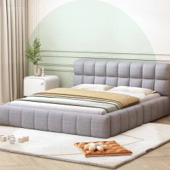 Redom Lit 140x200 cm avec tête de lit rembourrée et revêtement lin gris, cadre solide en panneaux MDF