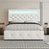Redom Lit 140x200 cm avec tête de lit rembourrée, 2 tiroirs et lit gigogne, structure MDF, cadre métal, tissu blanc
