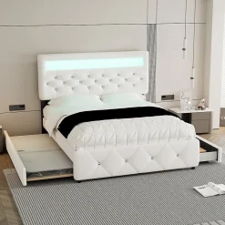 Redom Lit 140x200 cm avec tête de lit rembourrée, 2 tiroirs et lit gigogne, structure MDF, cadre métal, tissu blanc