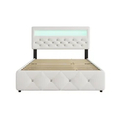 Redom Lit 140x200 cm avec tête de lit rembourrée, 2 tiroirs et lit gigogne, structure MDF, cadre métal, tissu blanc