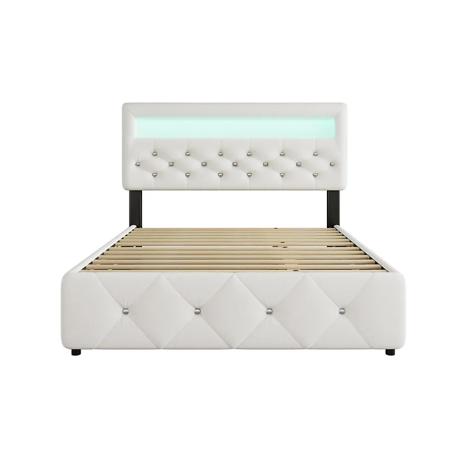 Redom Lit 140x200 cm avec tête de lit rembourrée, 2 tiroirs et lit gigogne, structure MDF, cadre métal, tissu blanc