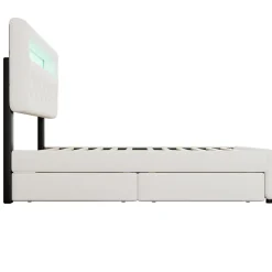 Redom Lit 140x200 cm avec tête de lit rembourrée, 2 tiroirs et lit gigogne, structure MDF, cadre métal, tissu blanc